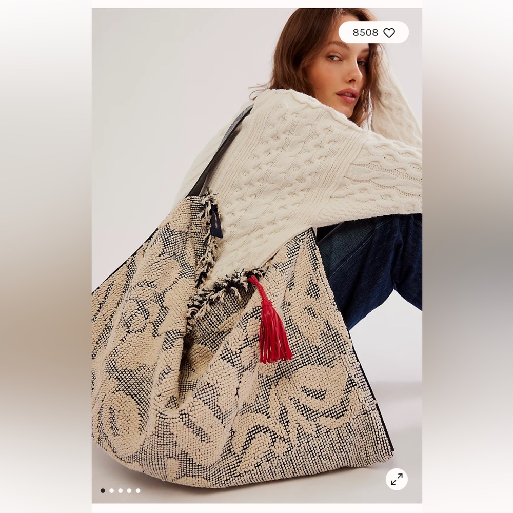 Free People Beige and Black Woven Tassel Hobo Bag with Red Accent